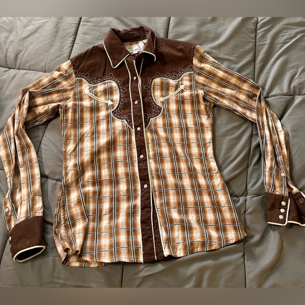 Vintage ladies pearl snap yoke Brown Plaid Western Snap-Front Shirt - Picture 1 of 10